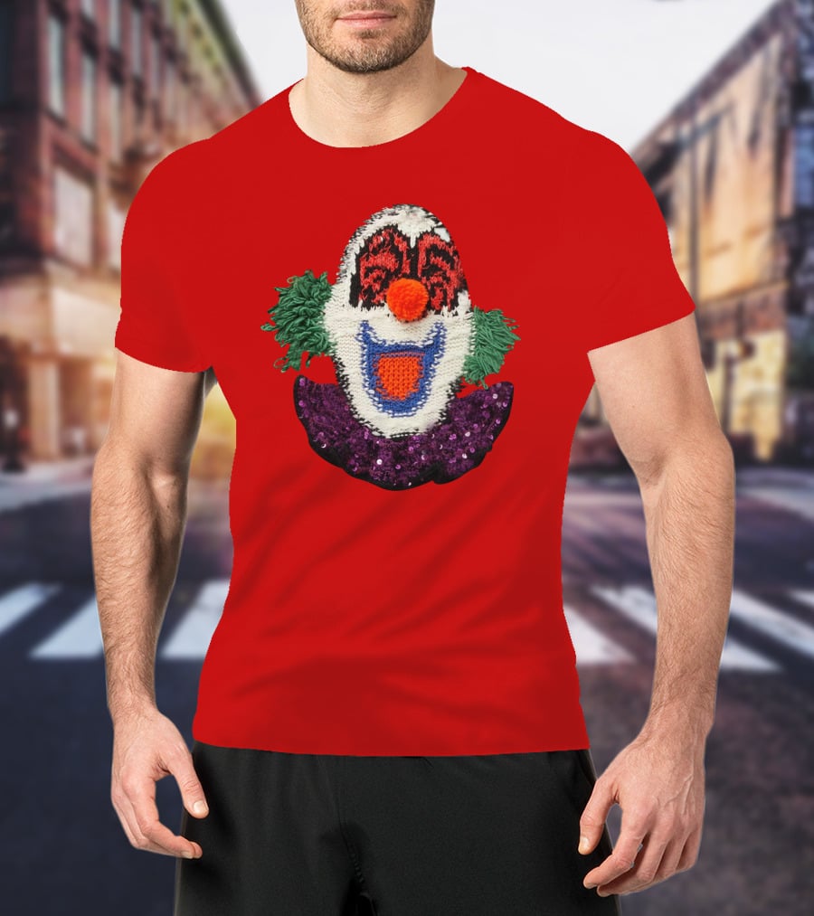 Sequin-Embellished Intarsia Wool Clown Face With Green Hair And Purple Collar T-Shirt