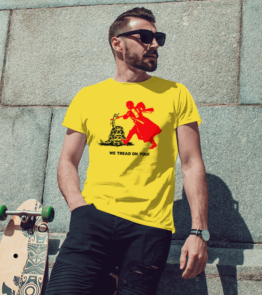 We Tread On You Revolutionary Soldier And Snake Yellow Background T-Shirt