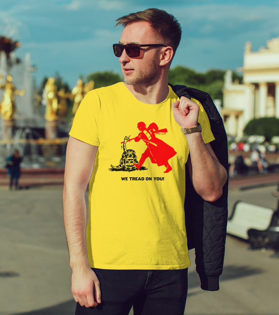 We Tread On You Revolutionary Soldier And Snake Yellow Background T-Shirt