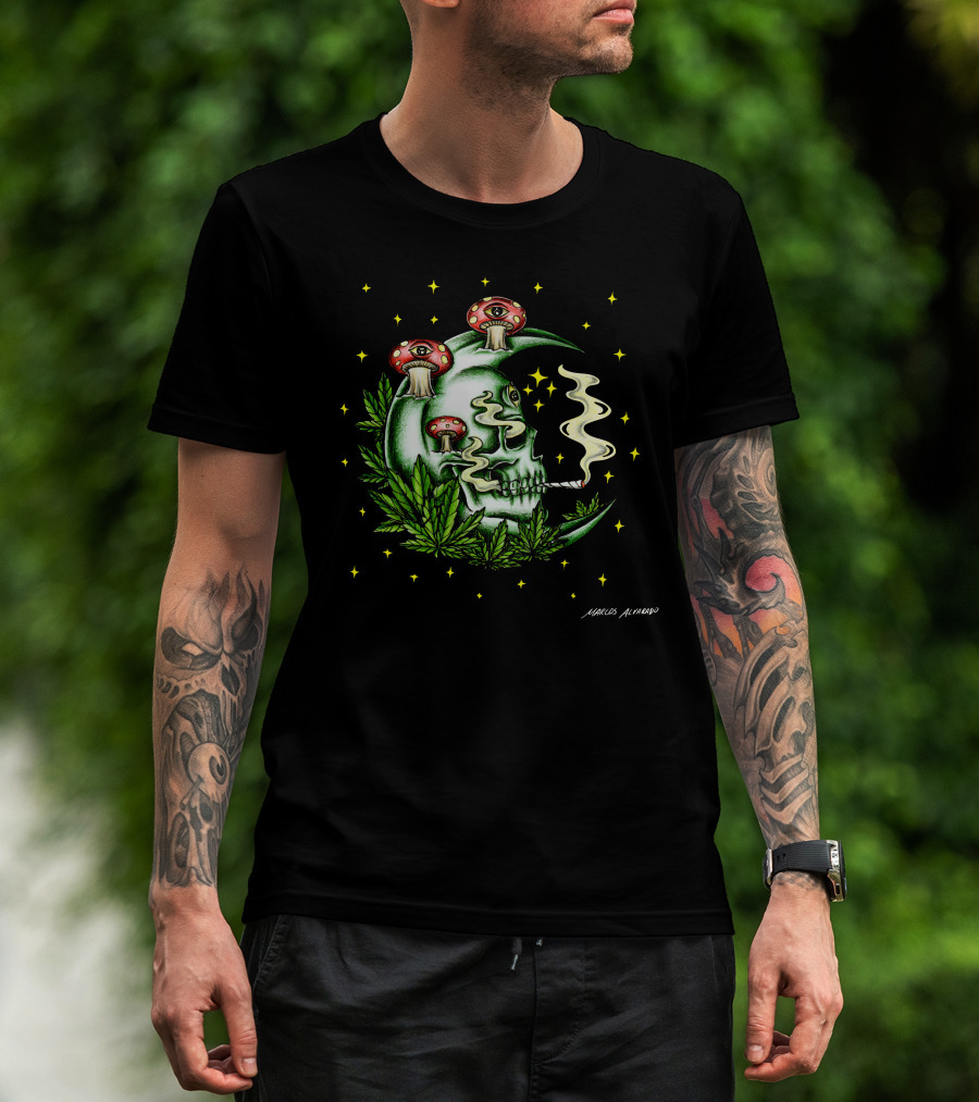 Marcos Alvarado Smoking Moon Skull With Mushroom Eyes And Cannabis Leaves T-Shirt