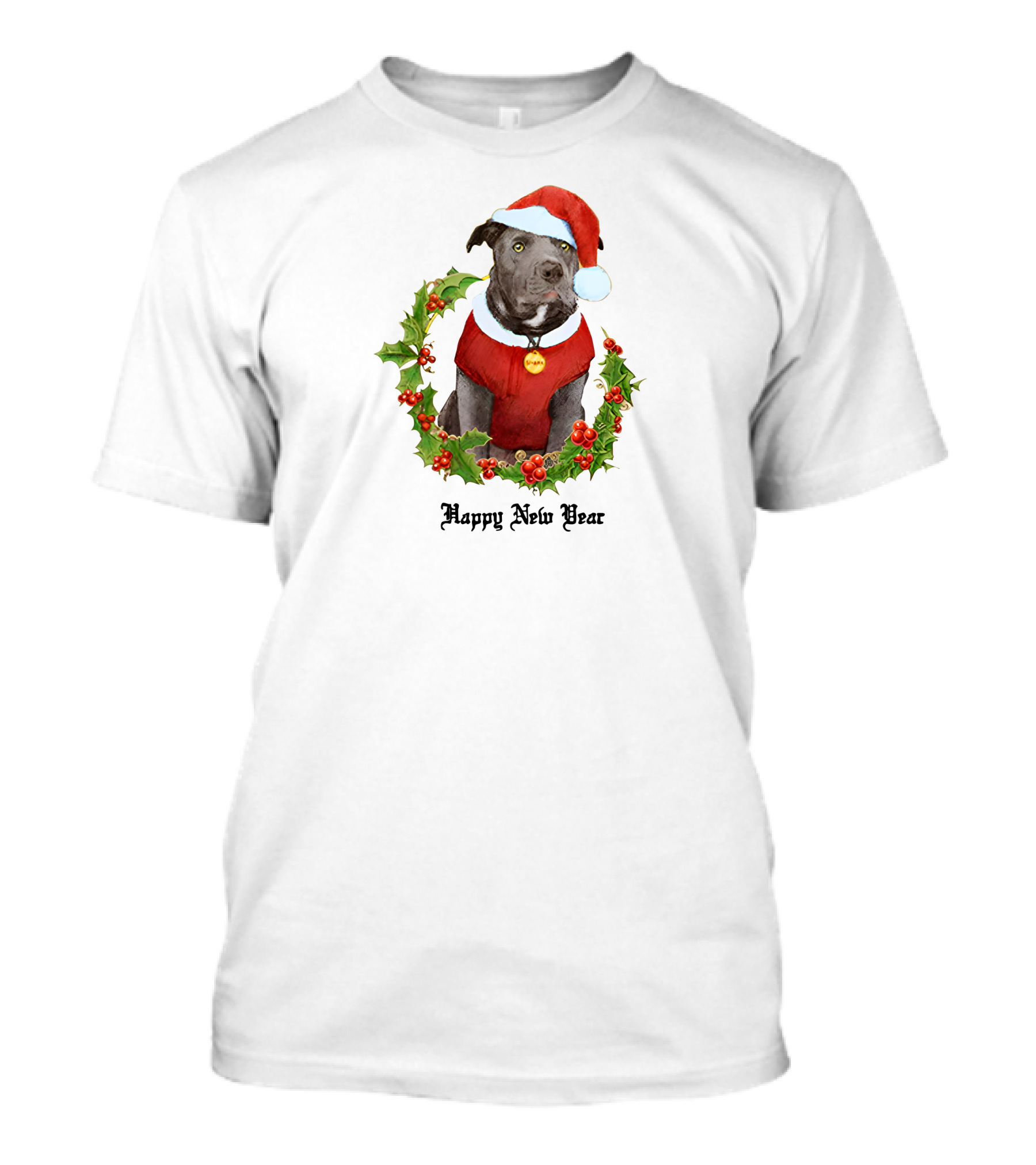 Billie Eilish Store Happy New Year Dog In Santa Hat And Holly Wreath T-Shirt