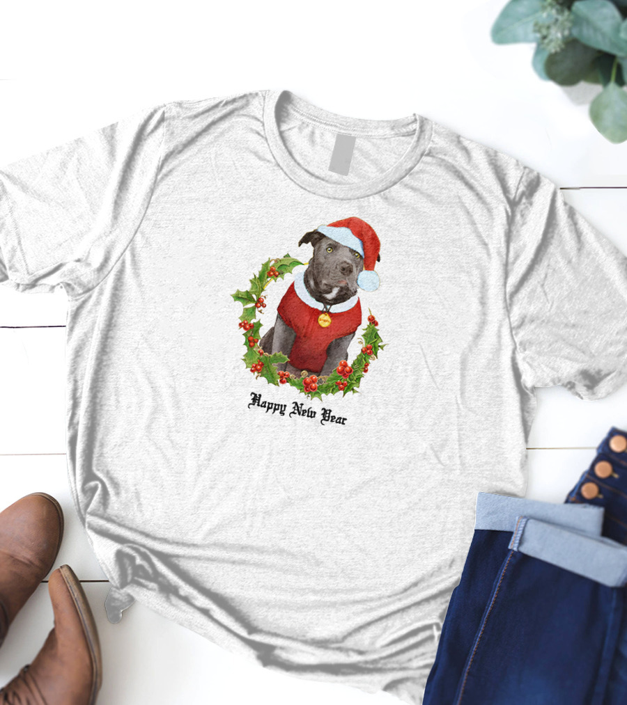 Billie Eilish Store Happy New Year Dog In Santa Hat And Holly Wreath T-Shirt