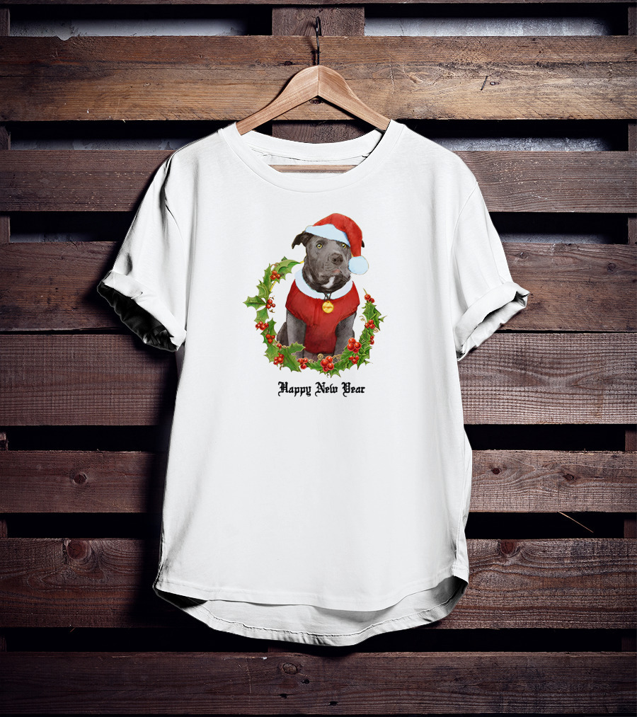Billie Eilish Store Happy New Year Dog In Santa Hat And Holly Wreath T-Shirt