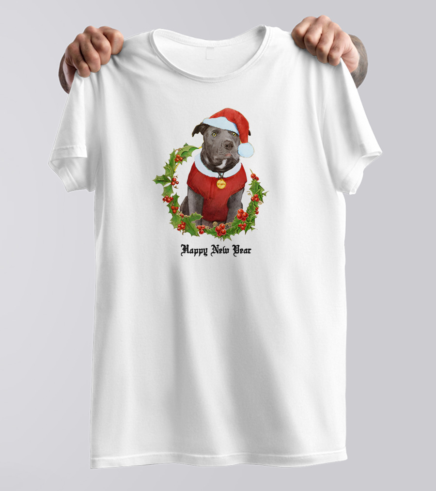 Billie Eilish Store Happy New Year Dog In Santa Hat And Holly Wreath T-Shirt
