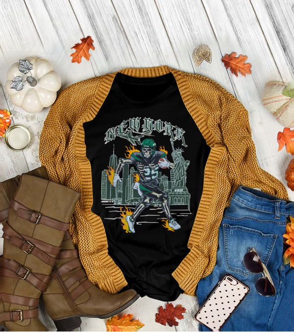 Veiiapparel New York Veii Ty Johnson Jetpack Mike White Statue Of Liberty Football Skyline Flames T-Shirt