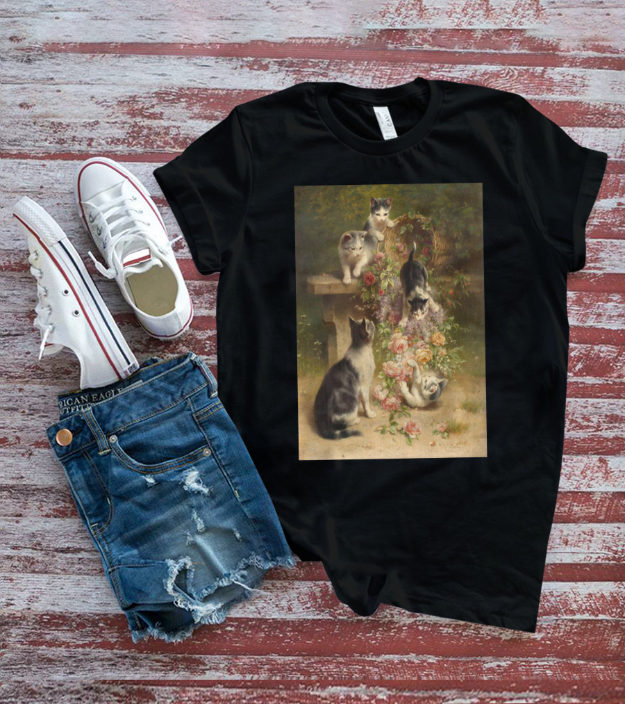 Cats And Flowers Playing On A Bench By Carl Reichert T-Shirt