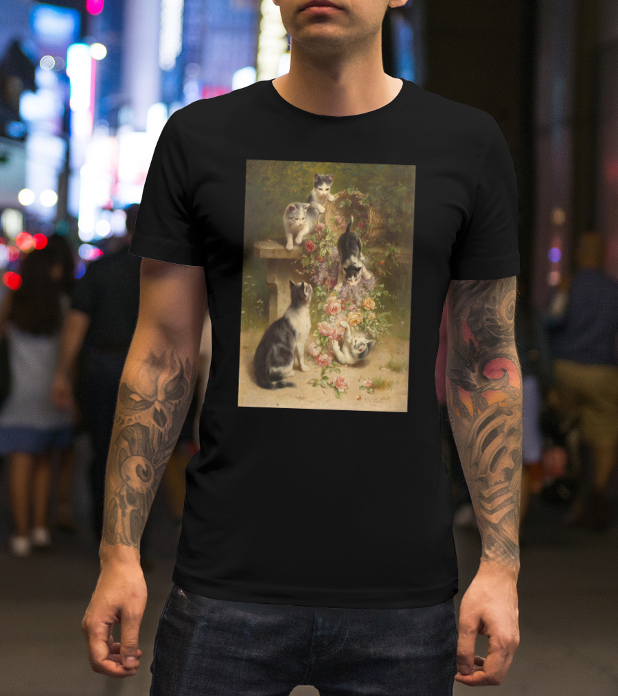 Cats And Flowers Playing On A Bench By Carl Reichert T-Shirt