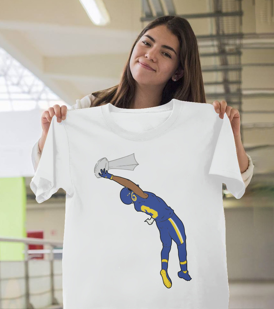 Trophy Catch Obj One-Handed Football Player Blue And Yellow Uniform T-Shirt