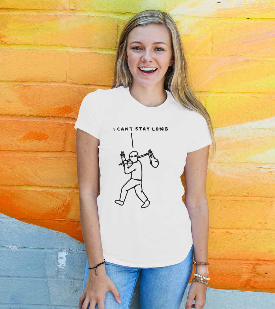 I Cant Stay Long Stick Figure With Bag Mask And Peace Sign T-Shirt