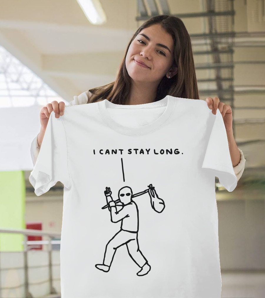I Cant Stay Long Stick Figure With Bag Mask And Peace Sign T-Shirt
