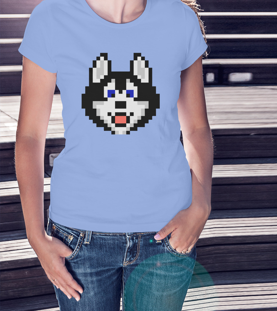Huskytoken Cat Pixelated Husky Face On Light Blue T-Shirt