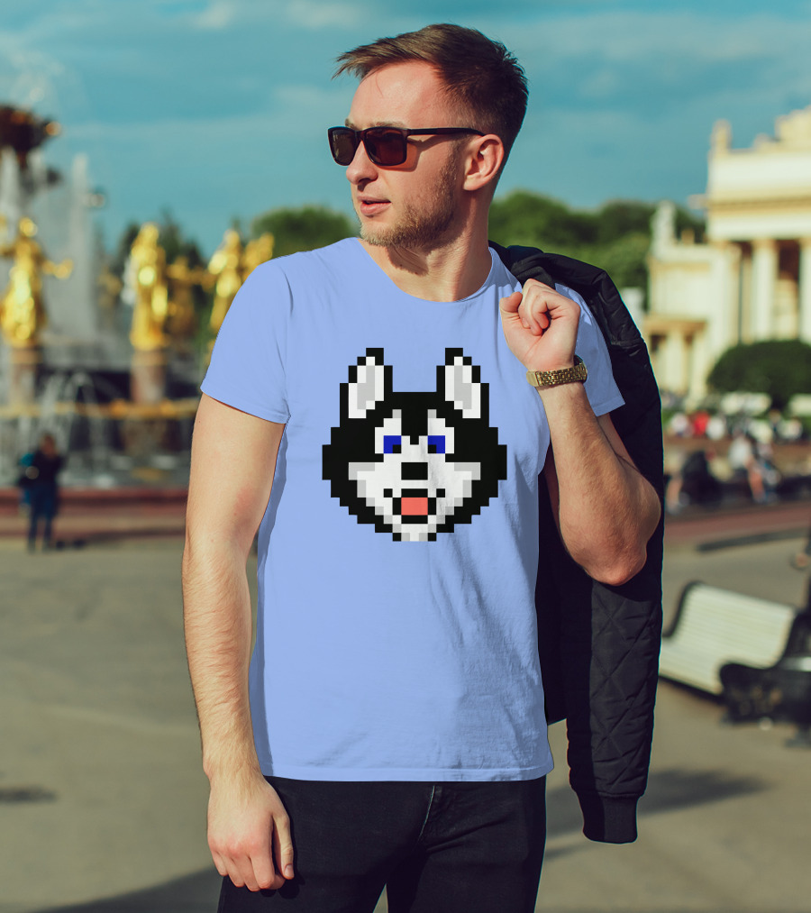 Huskytoken Cat Pixelated Husky Face On Light Blue T-Shirt