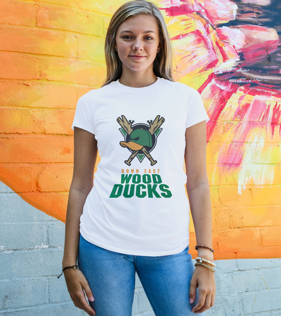 Down East Wood Ducks Baseball Logo With Crossed Bats And Duck Cap T-Shirt
