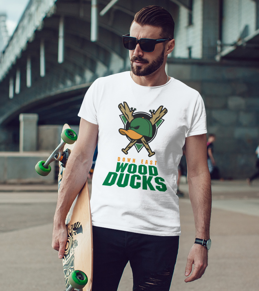 Down East Wood Ducks Baseball Logo With Crossed Bats And Duck Cap T-Shirt