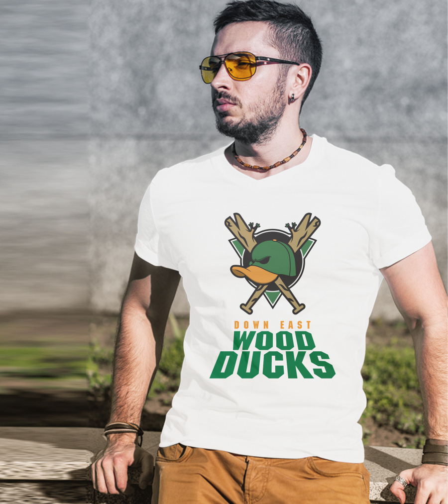 Down East Wood Ducks Baseball Logo With Crossed Bats And Duck Cap T-Shirt