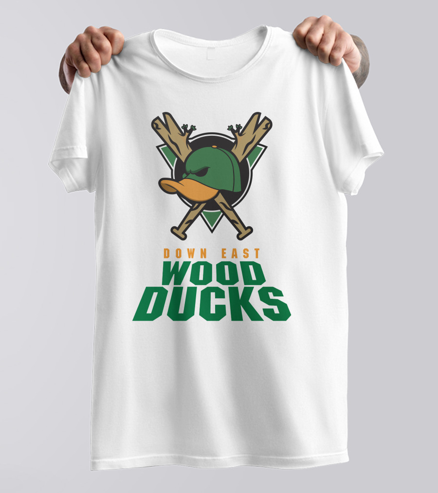 Down East Wood Ducks Baseball Logo With Crossed Bats And Duck Cap T-Shirt