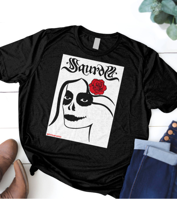 Saurom Cathygraphics Skull Face With Red Rose T-Shirt
