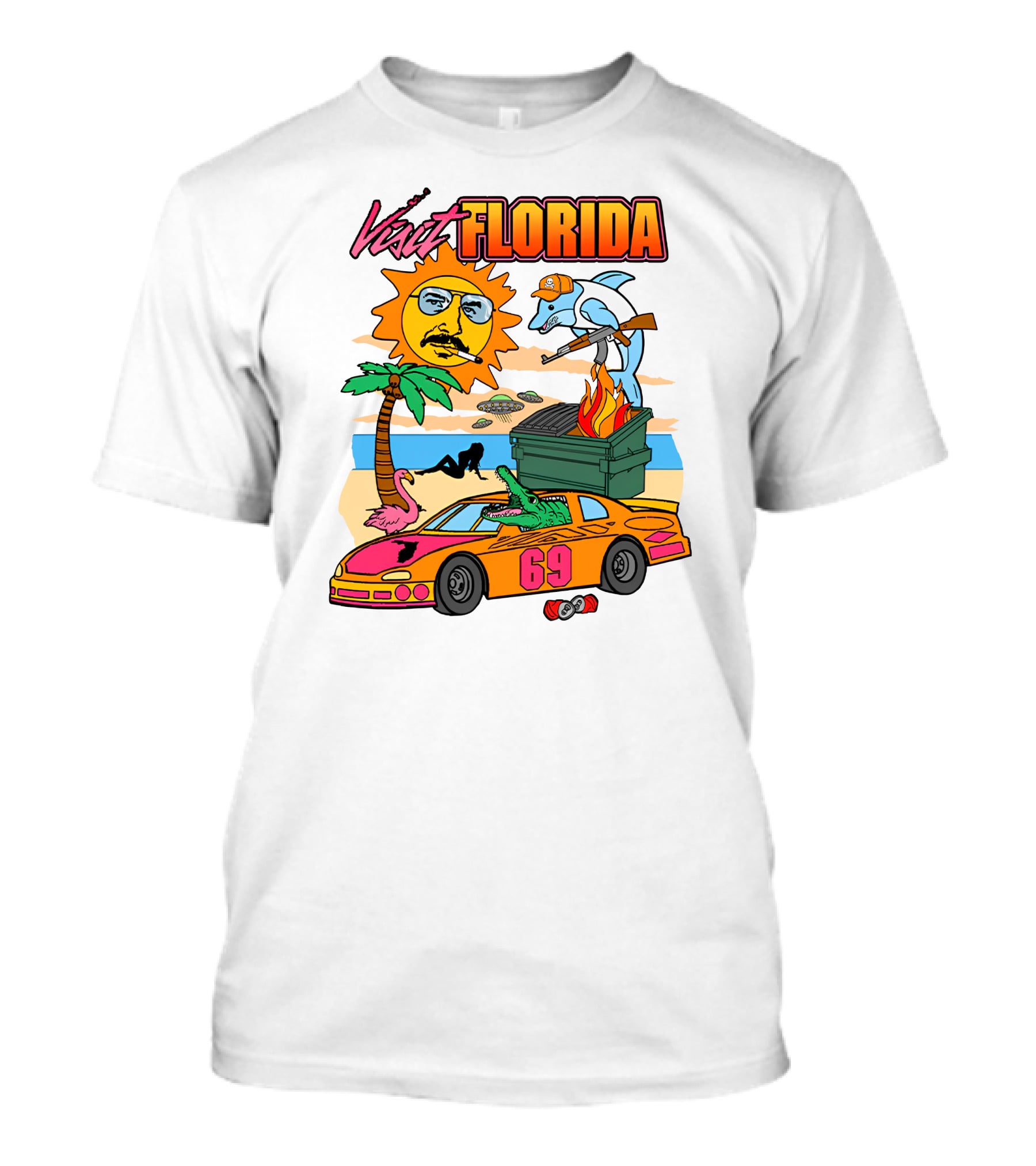 Shithead Steve Merch Visit Florida Flaming Dumpster Racing Car 69 Armed Dolphin Palm Tree Sun Face T-Shirt