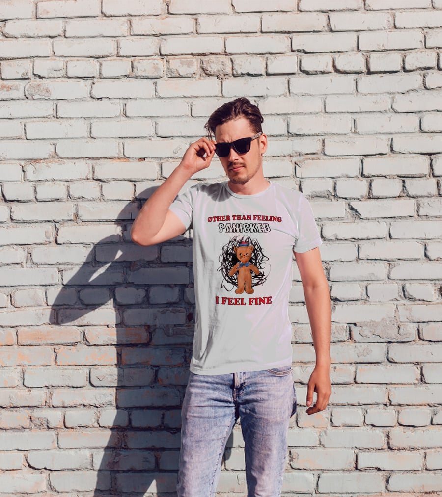 Other Than Feeling Panicked I Feel Fine Cat With Blue Bow And Hat T-Shirt