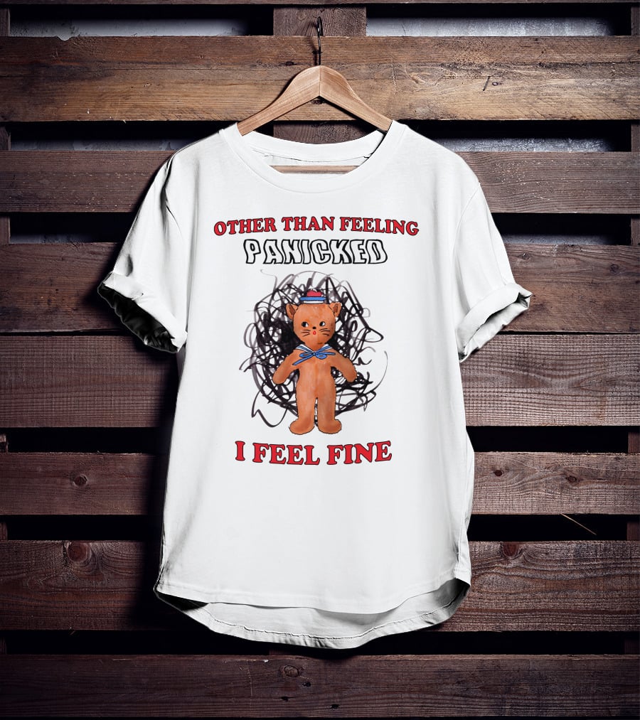 Other Than Feeling Panicked I Feel Fine Cat With Blue Bow And Hat T-Shirt
