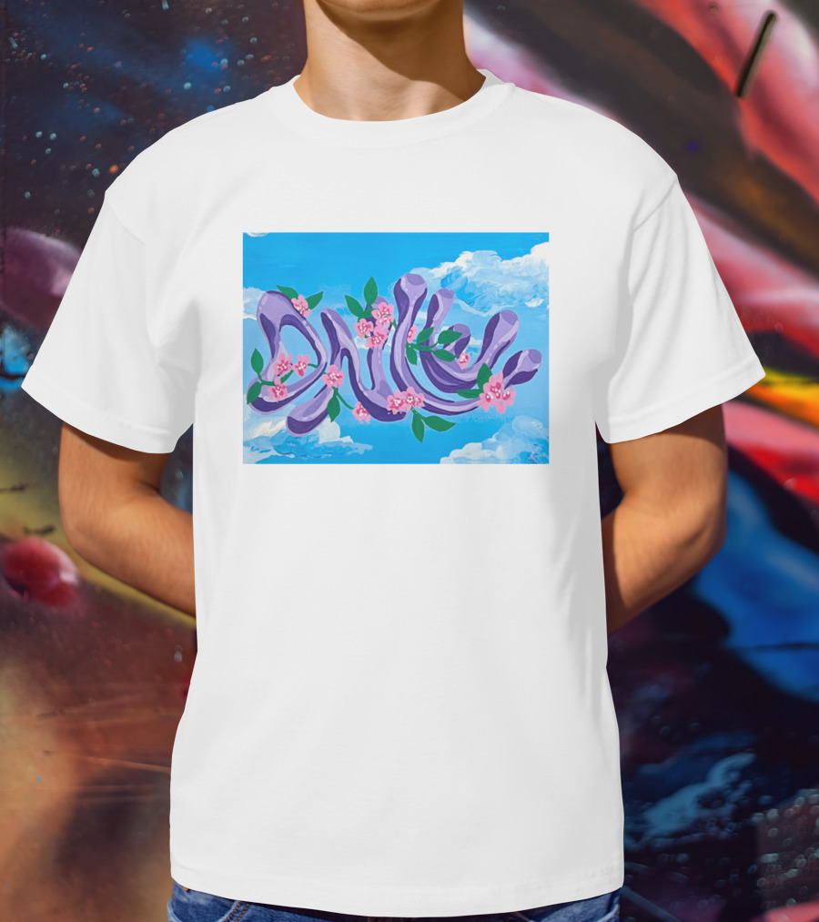 Jolene Dance Purple Script With Pink Flowers On Blue Sky Background T-Shirt