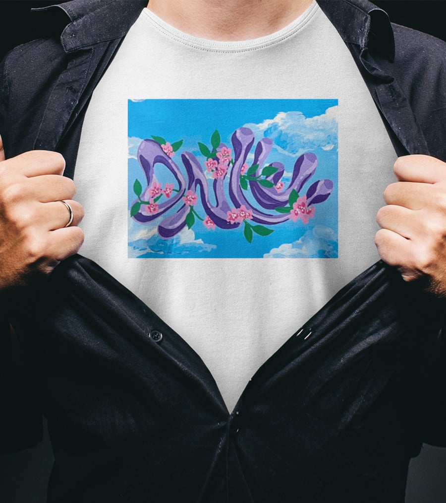 Jolene Dance Purple Script With Pink Flowers On Blue Sky Background T-Shirt