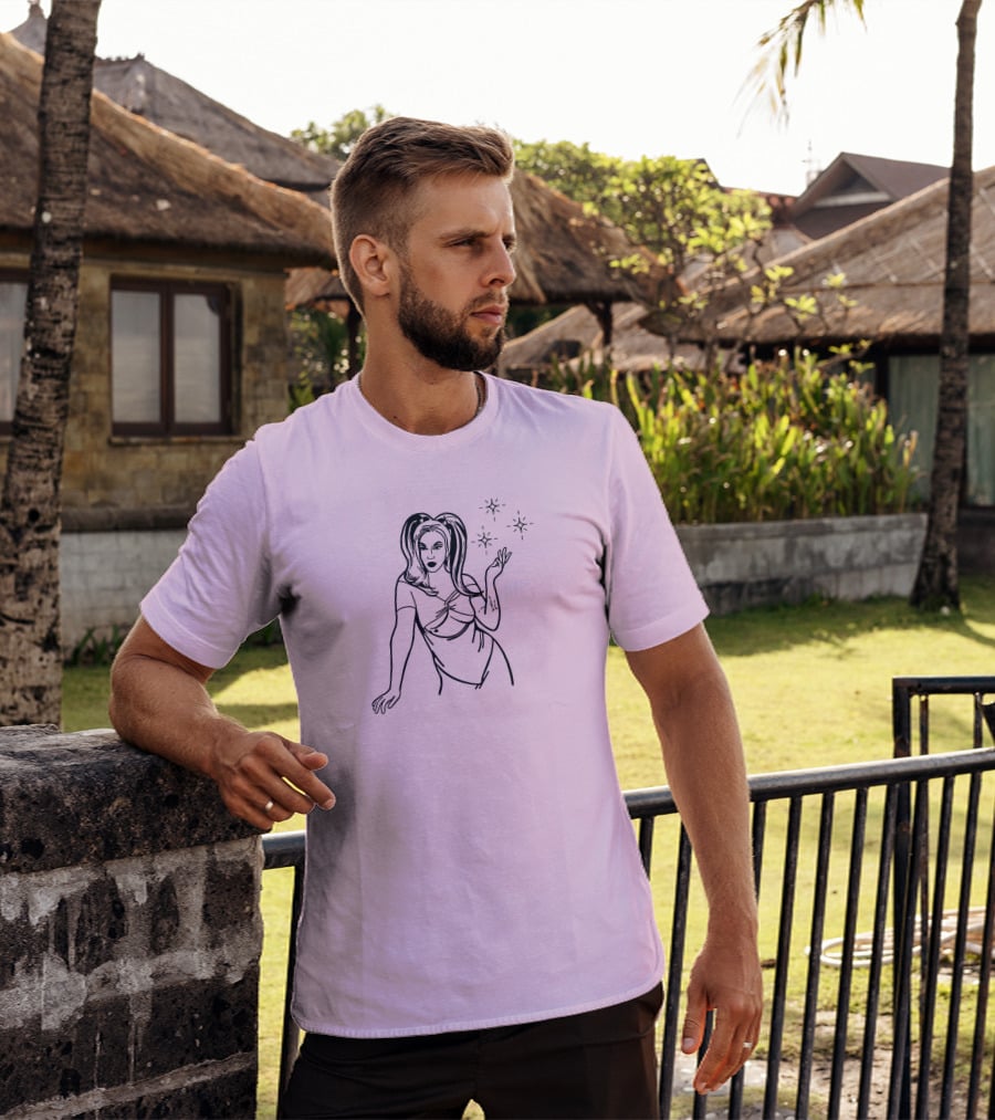 Chrissy Chlapecka Sketch With Stars On Pink Background T-Shirt