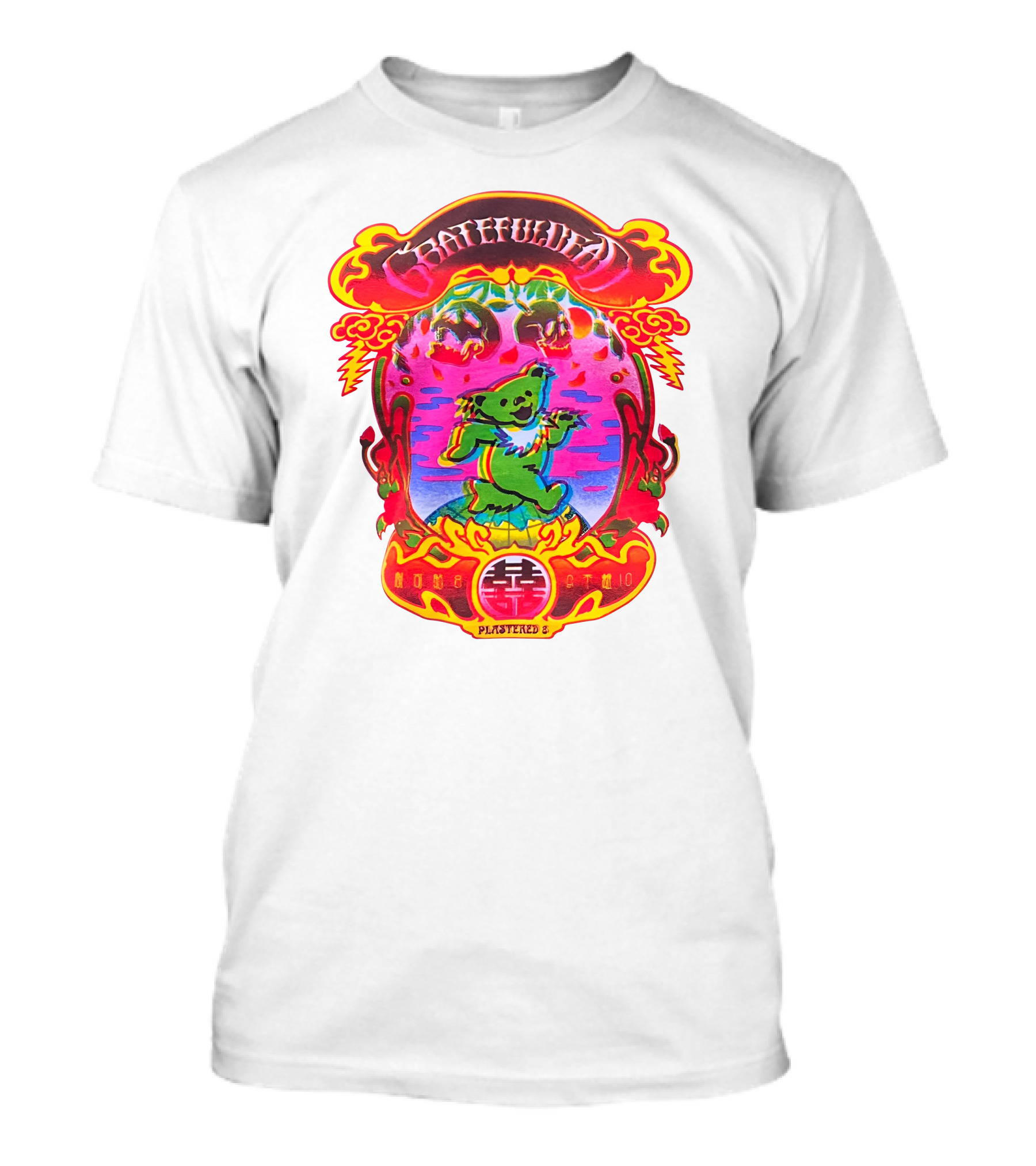 Grateful Dead X Plastered Psychedelic Bear Design With Skulls And Lightning T-Shirt