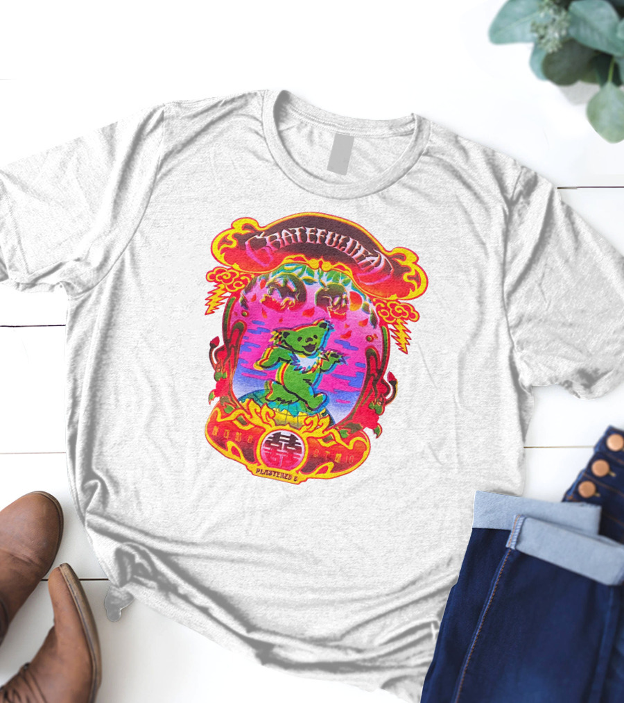 Grateful Dead X Plastered Psychedelic Bear Design With Skulls And Lightning T-Shirt