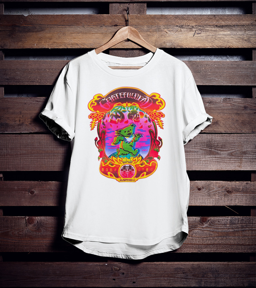 Grateful Dead X Plastered Psychedelic Bear Design With Skulls And Lightning T-Shirt