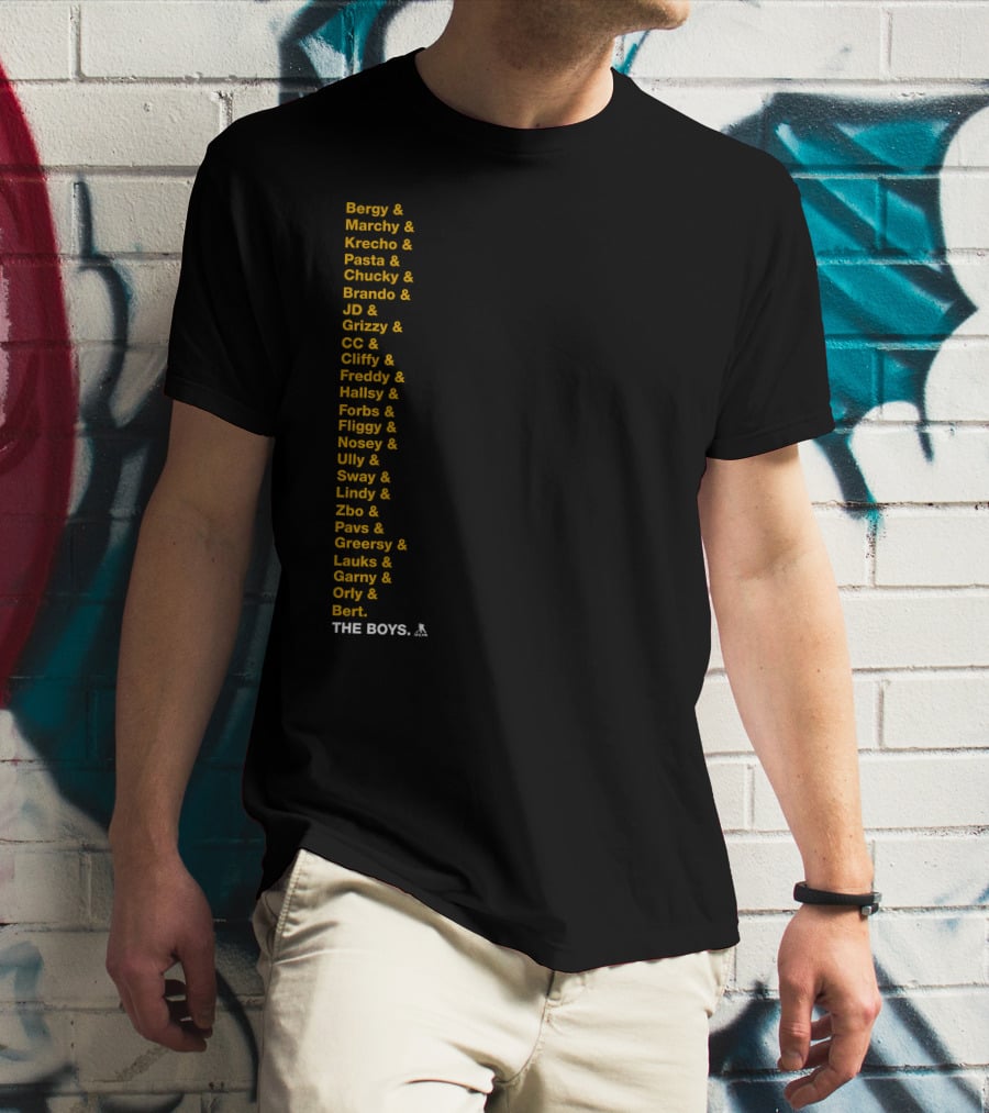 Bergy Marchy Krecho Pasta Chucky Brando JD Grizzy CC Cliffy Freddy Hallsy Forbs Fliggy Ully Nosey Sway Lindy Zbo Pavs Greersy Lauks Garny Orly Bert THE BOYS T-Shirt