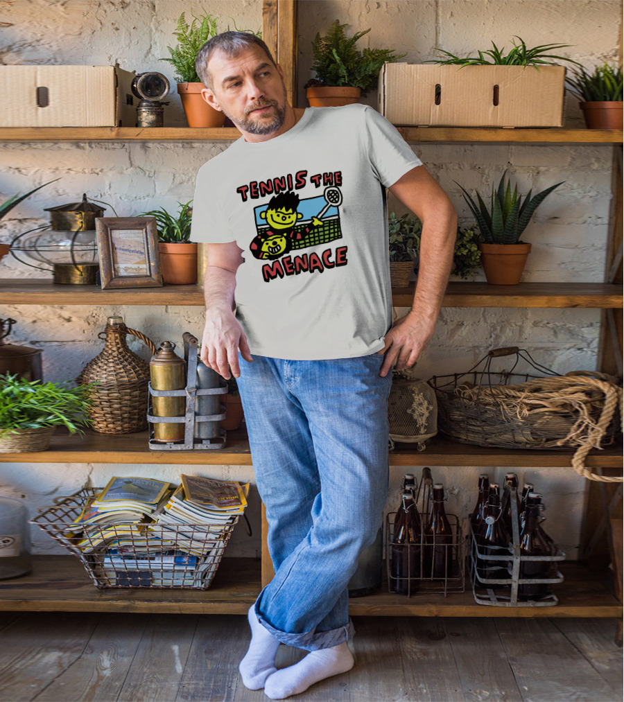 Tennis The Menace Comic Style Tennis Player With Racket T-Shirt