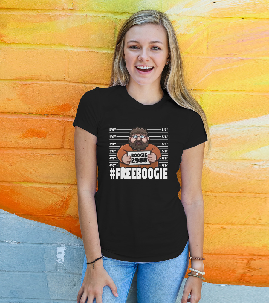 Boogie2988 Mugshot Cartoon With #Freeboogie Text And Height Chart T-Shirt