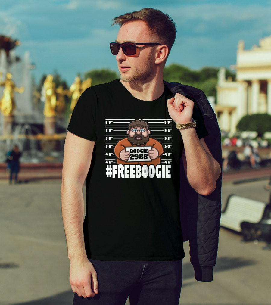 Boogie2988 Mugshot Cartoon With #Freeboogie Text And Height Chart T-Shirt