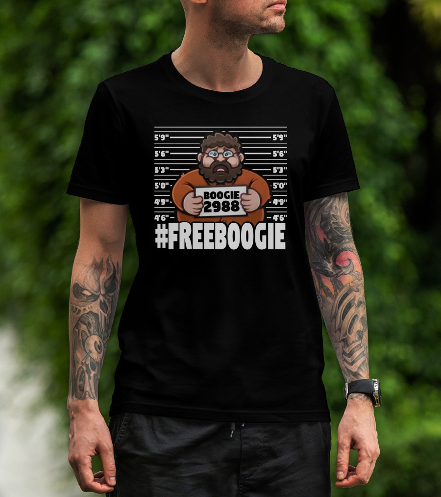 Boogie2988 Mugshot Cartoon With #Freeboogie Text And Height Chart T-Shirt