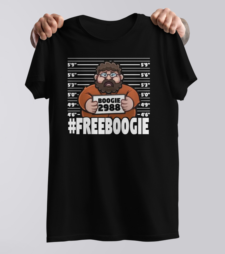 Boogie2988 Mugshot Cartoon With #Freeboogie Text And Height Chart T-Shirt