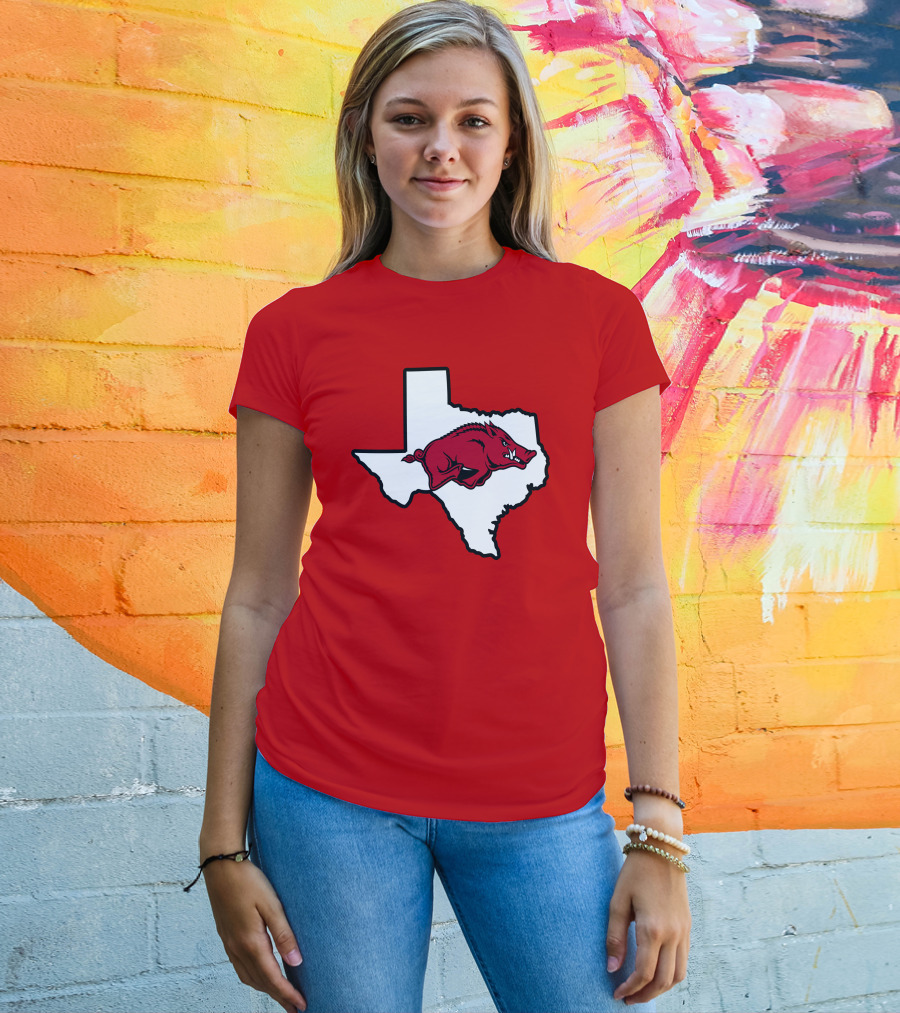 Arkansas Razorbacks Strong Hog Over Texas Map T-Shirt