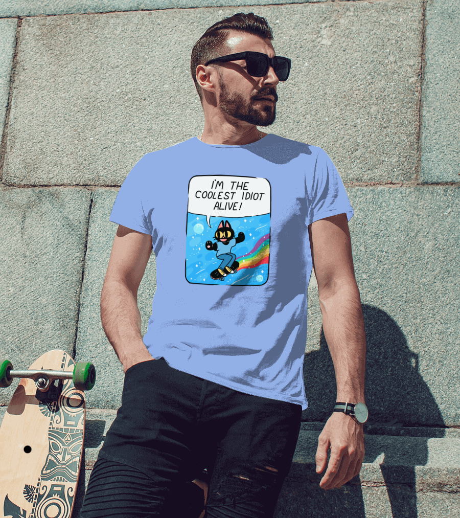 I'm The Coolest Idiot Alive Cat Riding Rainbow Skateboard T-Shirt