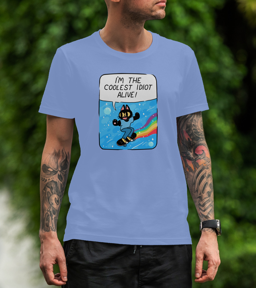 Mollyjohnt I'm The Coolest Idiot Alive Skateboarding Cat With Rainbow Trail T-Shirt