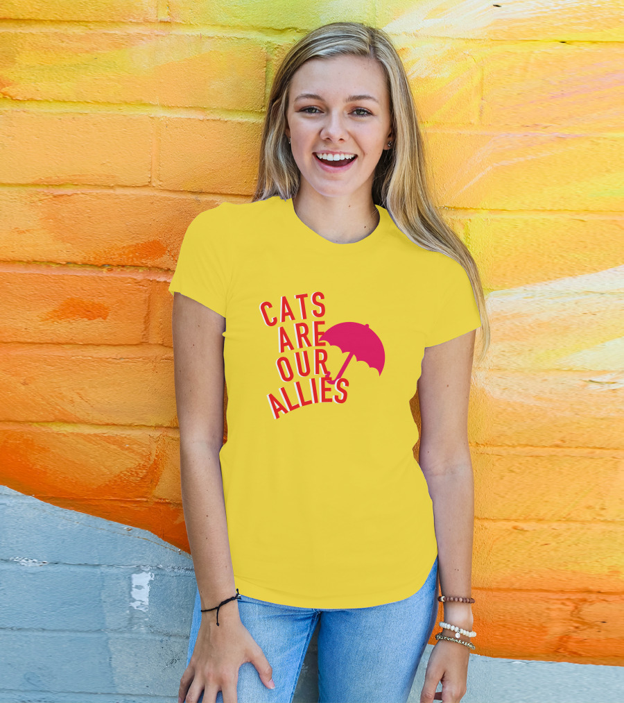 Jortsthecat Cats Are Our Allies Red Umbrella Yellow Background T-Shirt