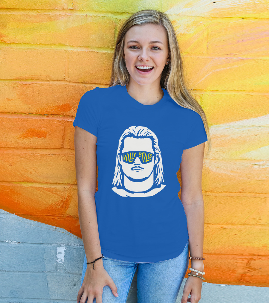 Willy Styles Sunglasses Graphic Blue Background T-Shirt