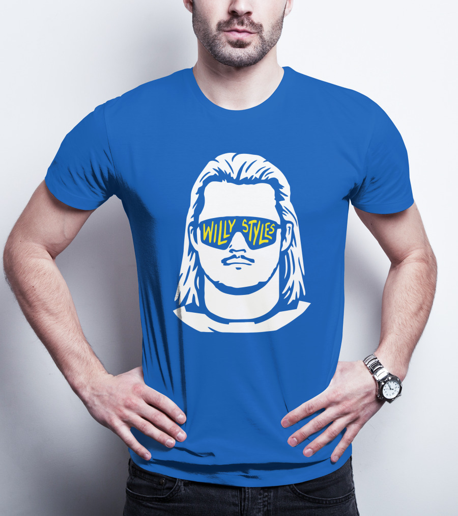 Willy Styles Sunglasses Graphic Blue Background T-Shirt