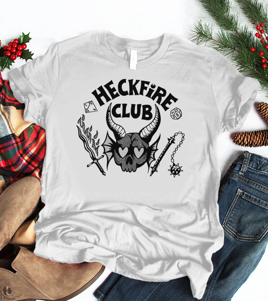 Heckfire Club Hawkins Leather Skull With Horns And Fantasy Dice T-Shirt