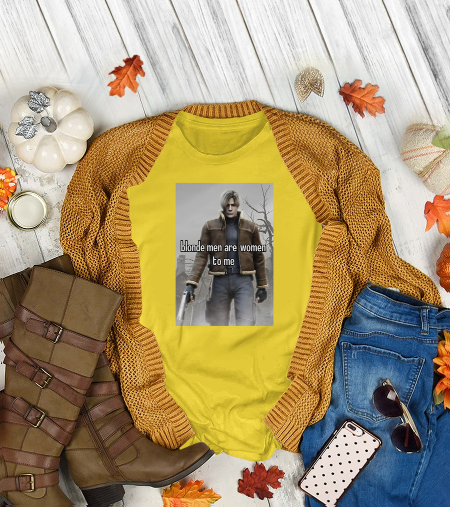 Blonde Men Are Women To Me Resident Video Game Character Brown Jacket Gun T-Shirt