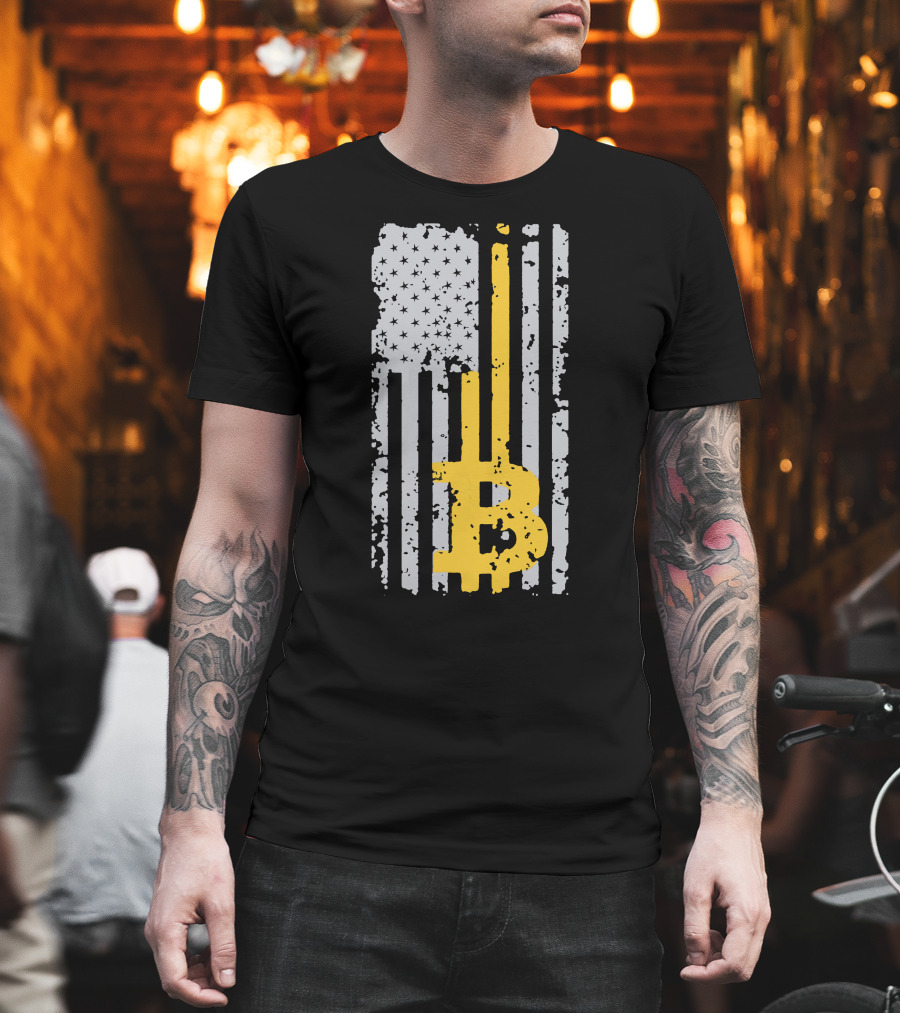 Bitcoin Logo On Distressed American Flag Background T-Shirt