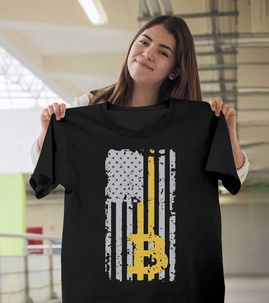 Bitcoin Logo On Distressed American Flag Background T-Shirt