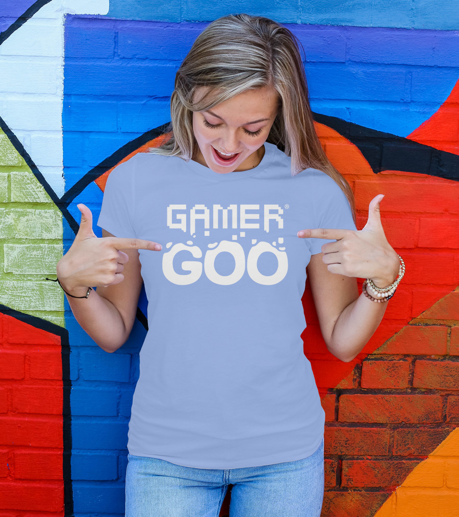 Gamer Goo Retro Pixel Font Blue Background T-Shirt