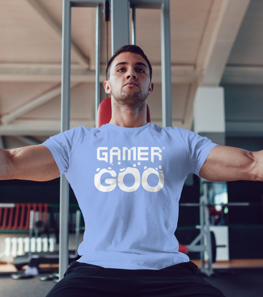 Gamer Goo Retro Pixel Font Blue Background T-Shirt