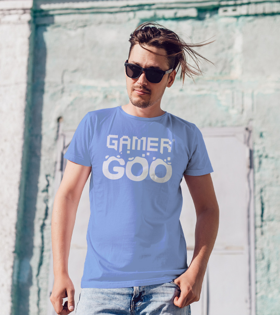 Gamer Goo Retro Pixel Font Blue Background T-Shirt
