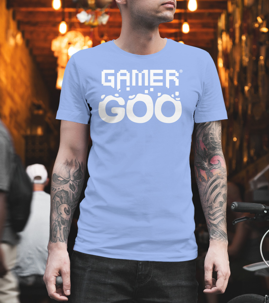 Gamer Goo Retro Pixel Font Blue Background T-Shirt